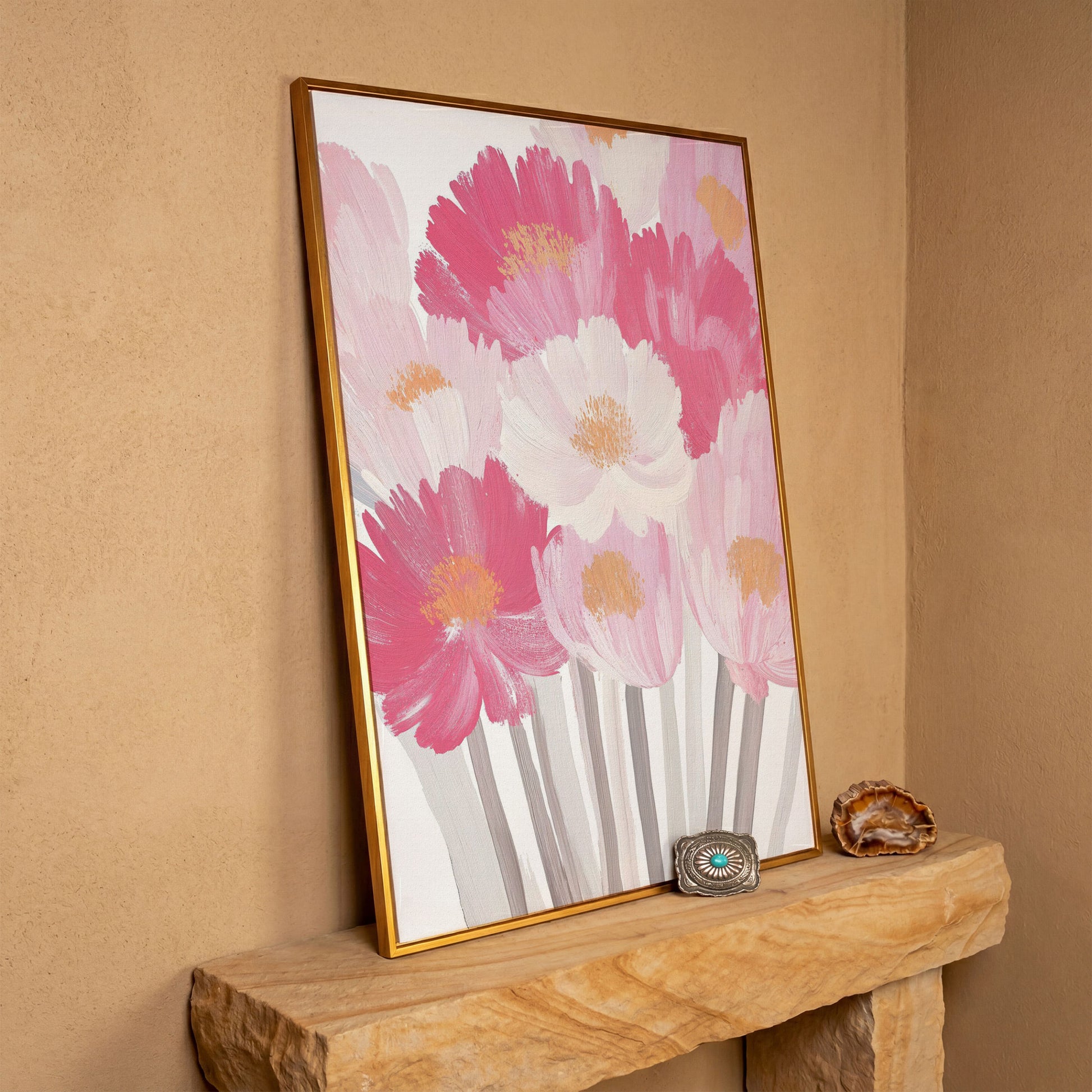 Pink Floral Bouquet Canvas Print in antique gold floating frame