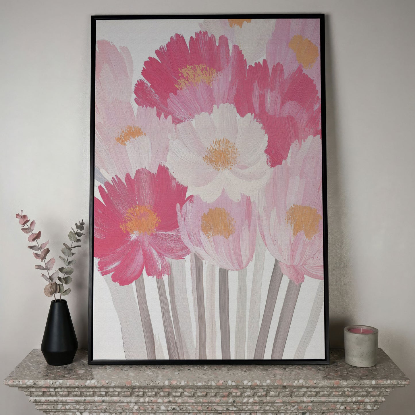 Pink Floral Bouquet Canvas Print in black floating frame