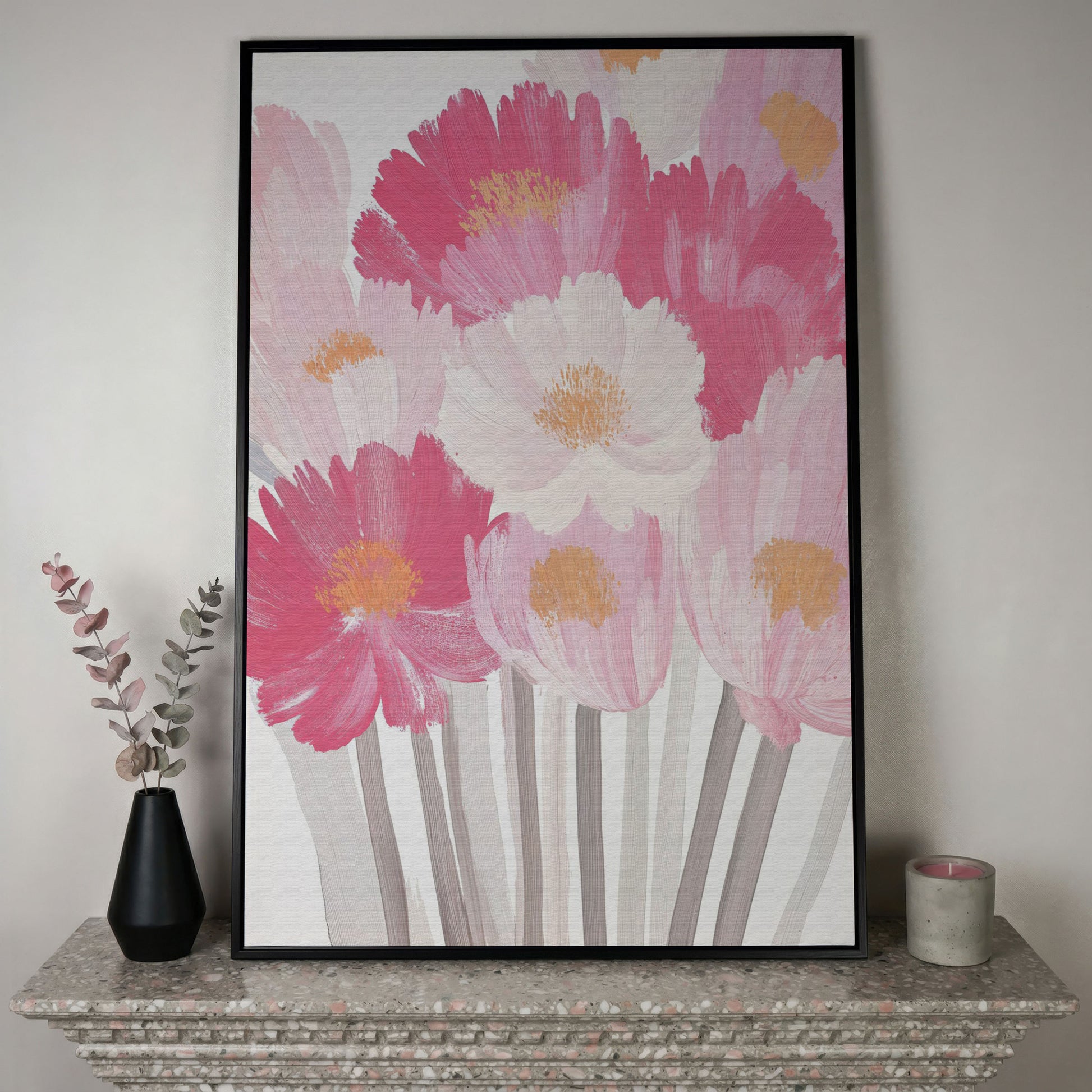 Pink Floral Bouquet Canvas Print in black floating frame