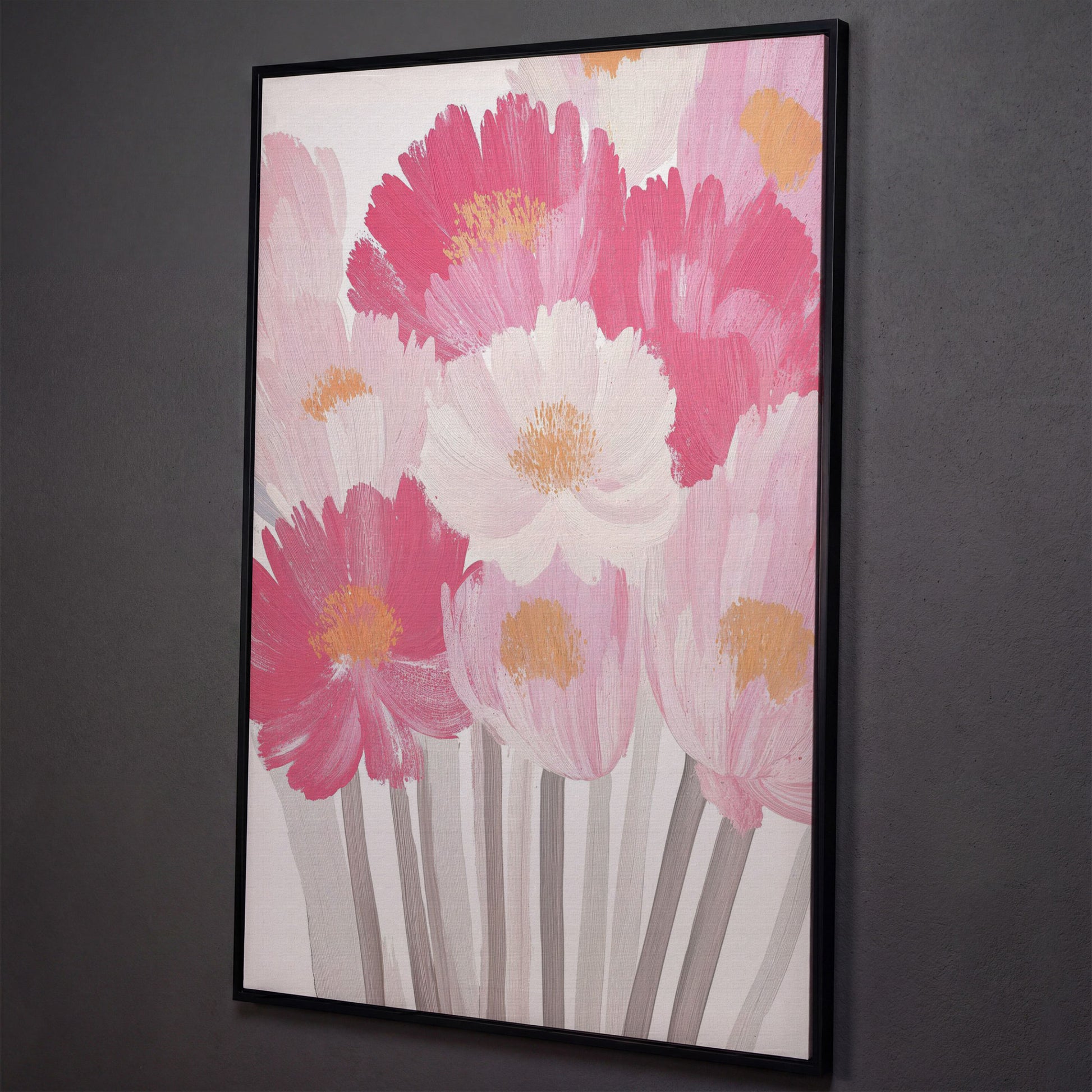 Pink Floral Bouquet Canvas Print shown in black floating frame