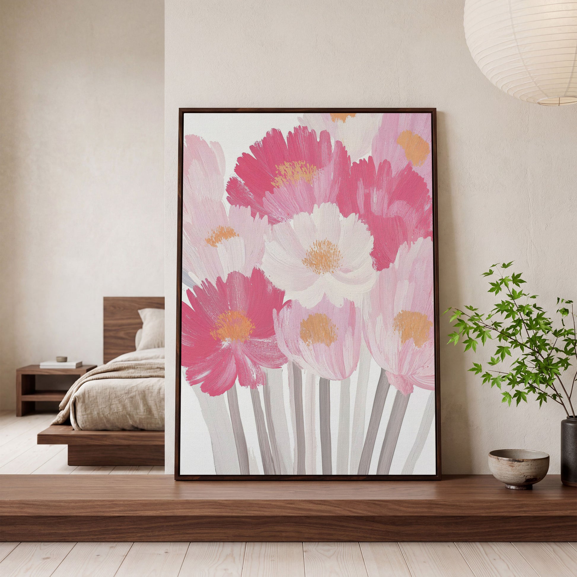 Pink Floral Bouquet Canvas Print in dark walnut floating frame