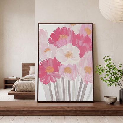 Pink Floral Bouquet Canvas Print in dark walnut floating frame