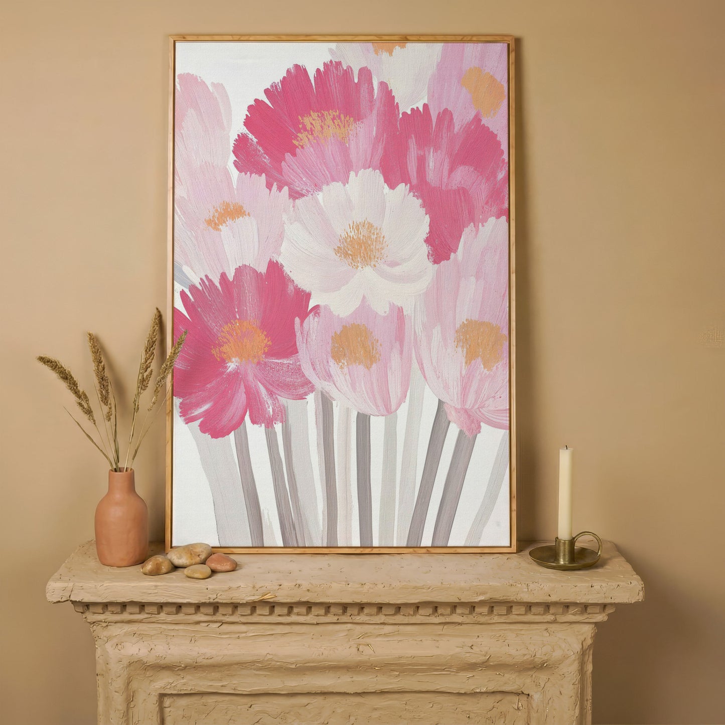 Pink Floral Bouquet Canvas Print in white oak floating frame
