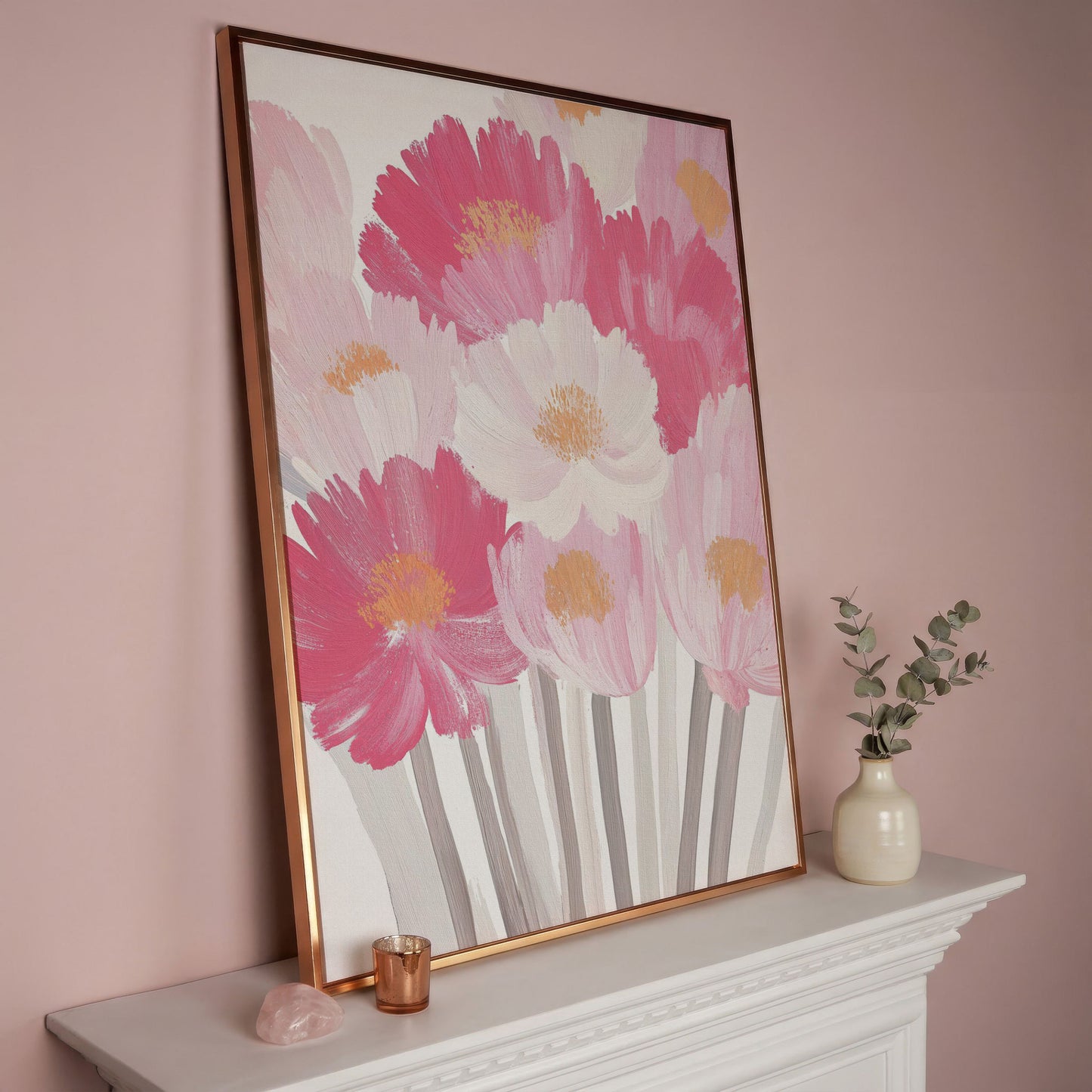 Pink Floral Bouquet Canvas Print in rose gold floating frame