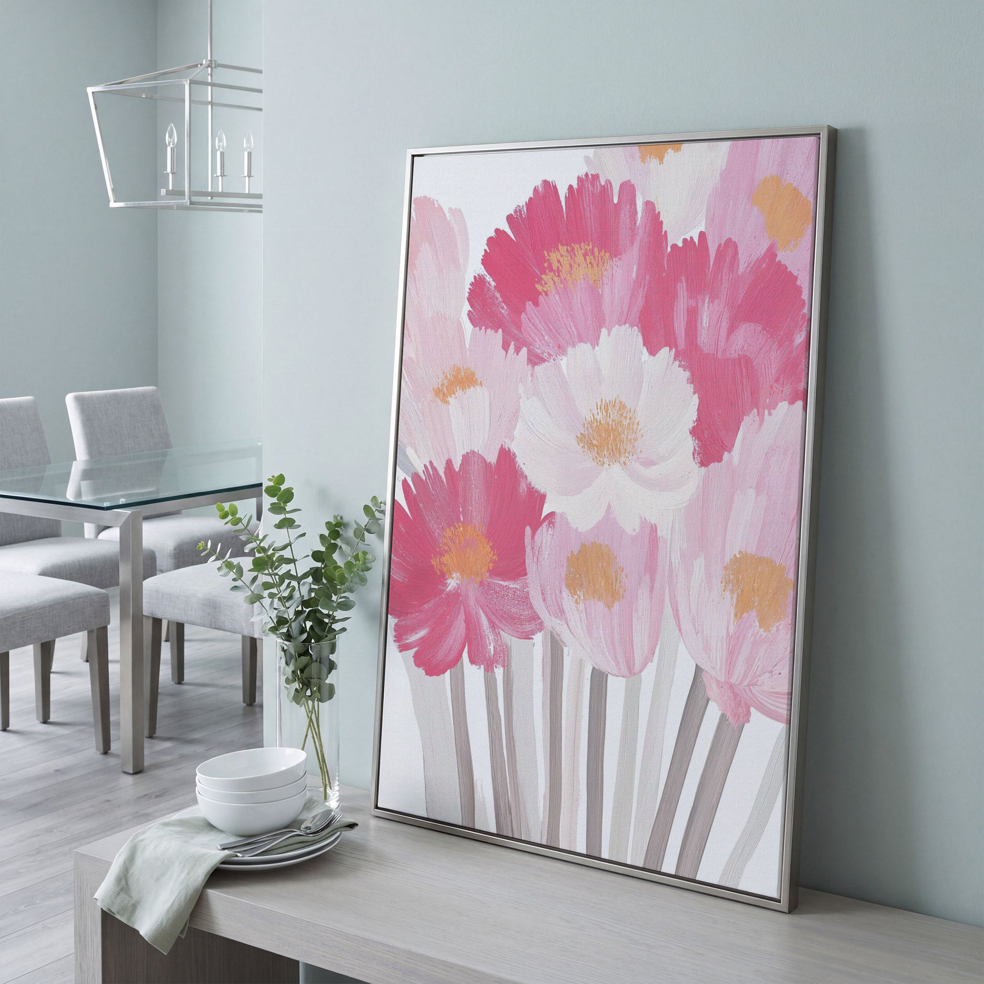 Pink Floral Bouquet Canvas Print in silver floating frame