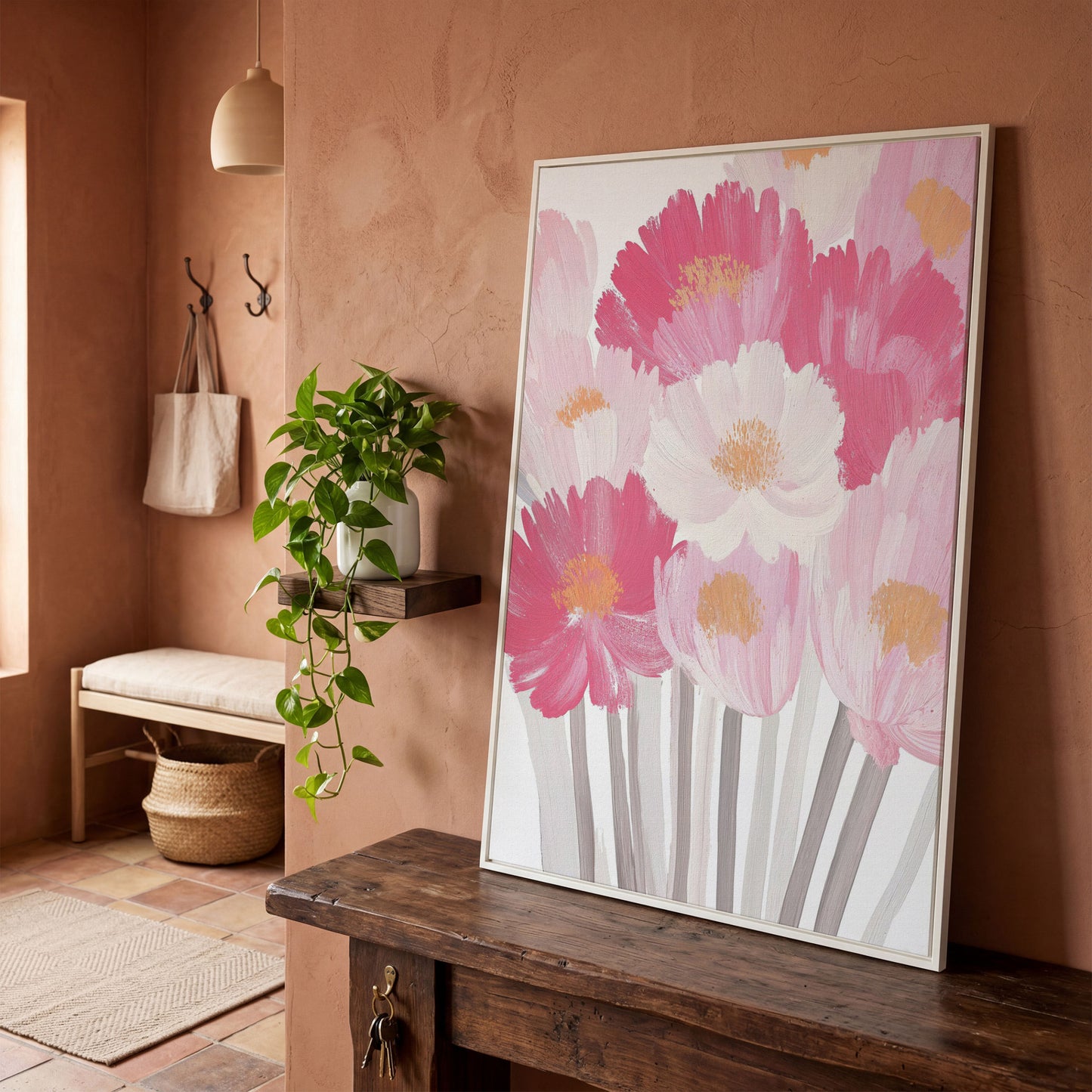 Pink Floral Bouquet Canvas Print in white floating frame