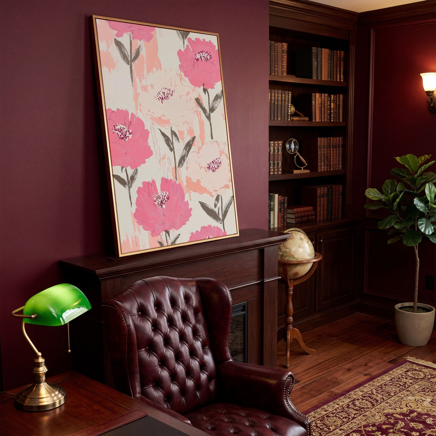 Dusty Pink Botanical Floral Canvas in antique gold floating frame
