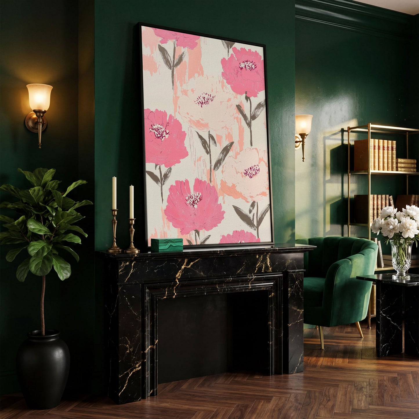 Dusty Pink Botanical Floral Canvas in black floating frame