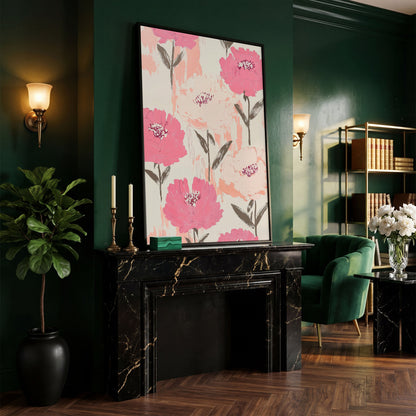 Dusty Pink Botanical Floral Canvas in black floating frame