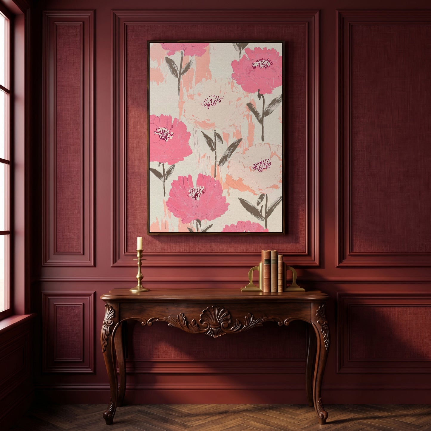Dusty Pink Botanical Floral Canvas in dark walnut floating frame