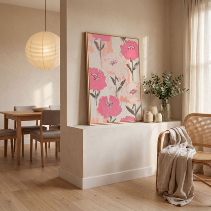 Dusty Pink Botanical Floral Canvas in white oak floating frame