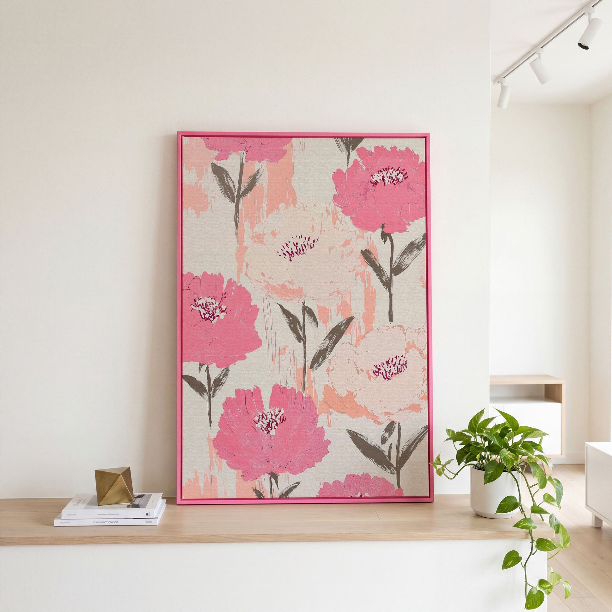 Dusty Pink Botanical Floral Canvas in pink floating frame