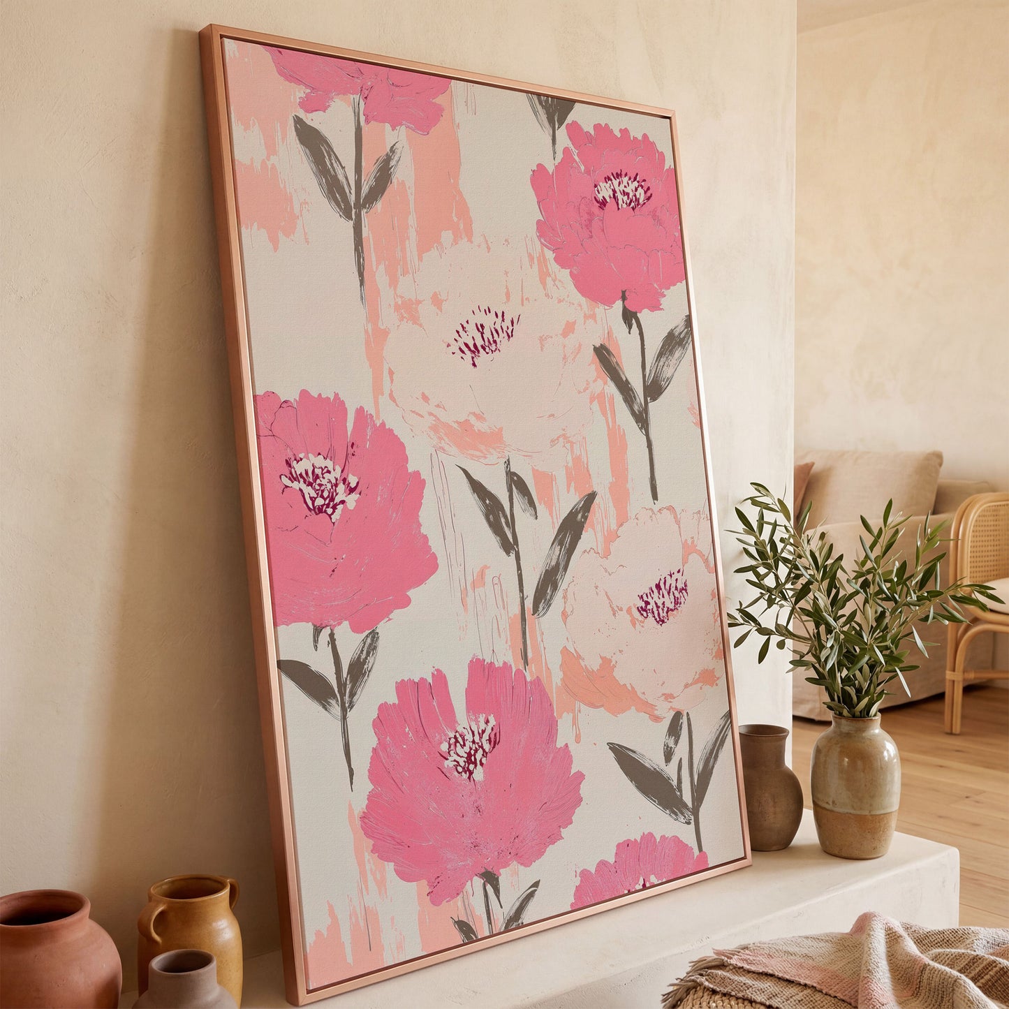 Dusty Pink Botanical Floral Canvas in rose gold floating frame