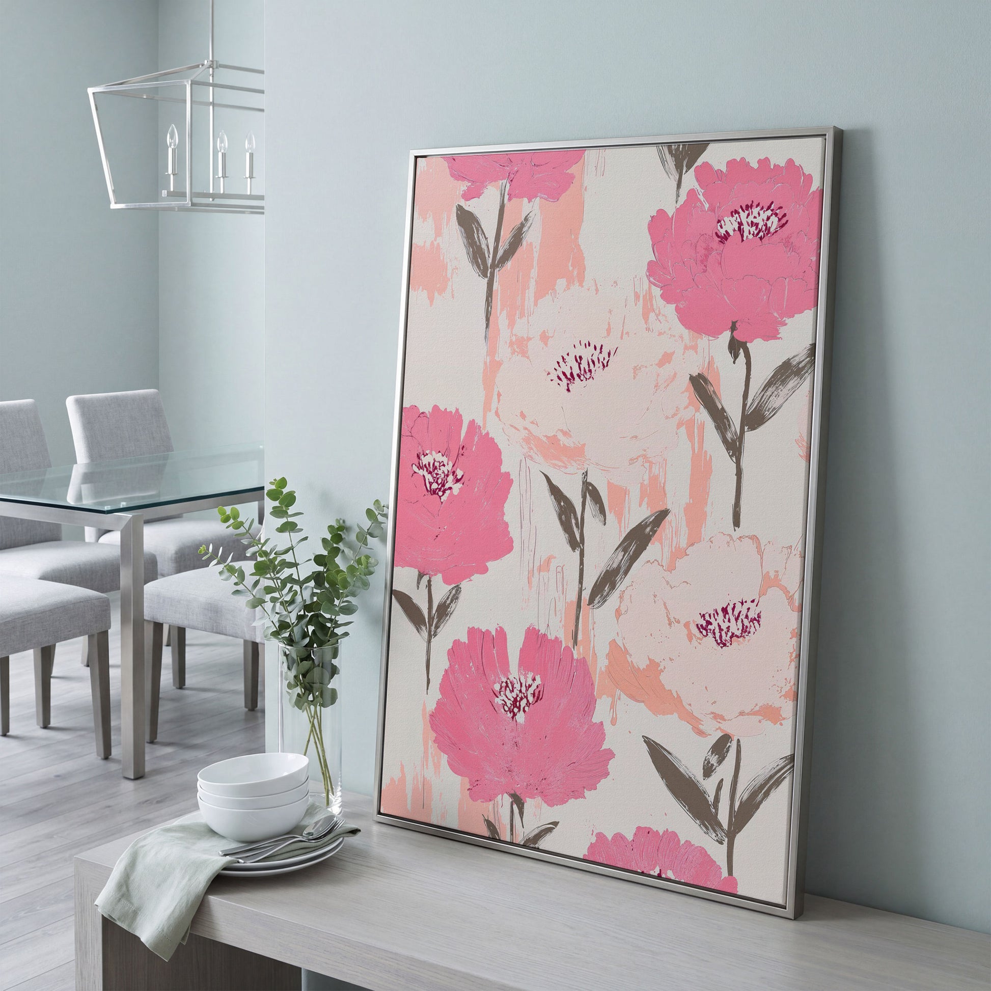 Dusty Pink Botanical Floral Canvas in silver floating frame