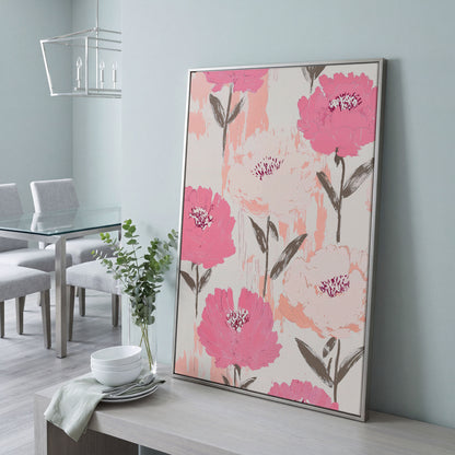 Dusty Pink Botanical Floral Canvas in silver floating frame