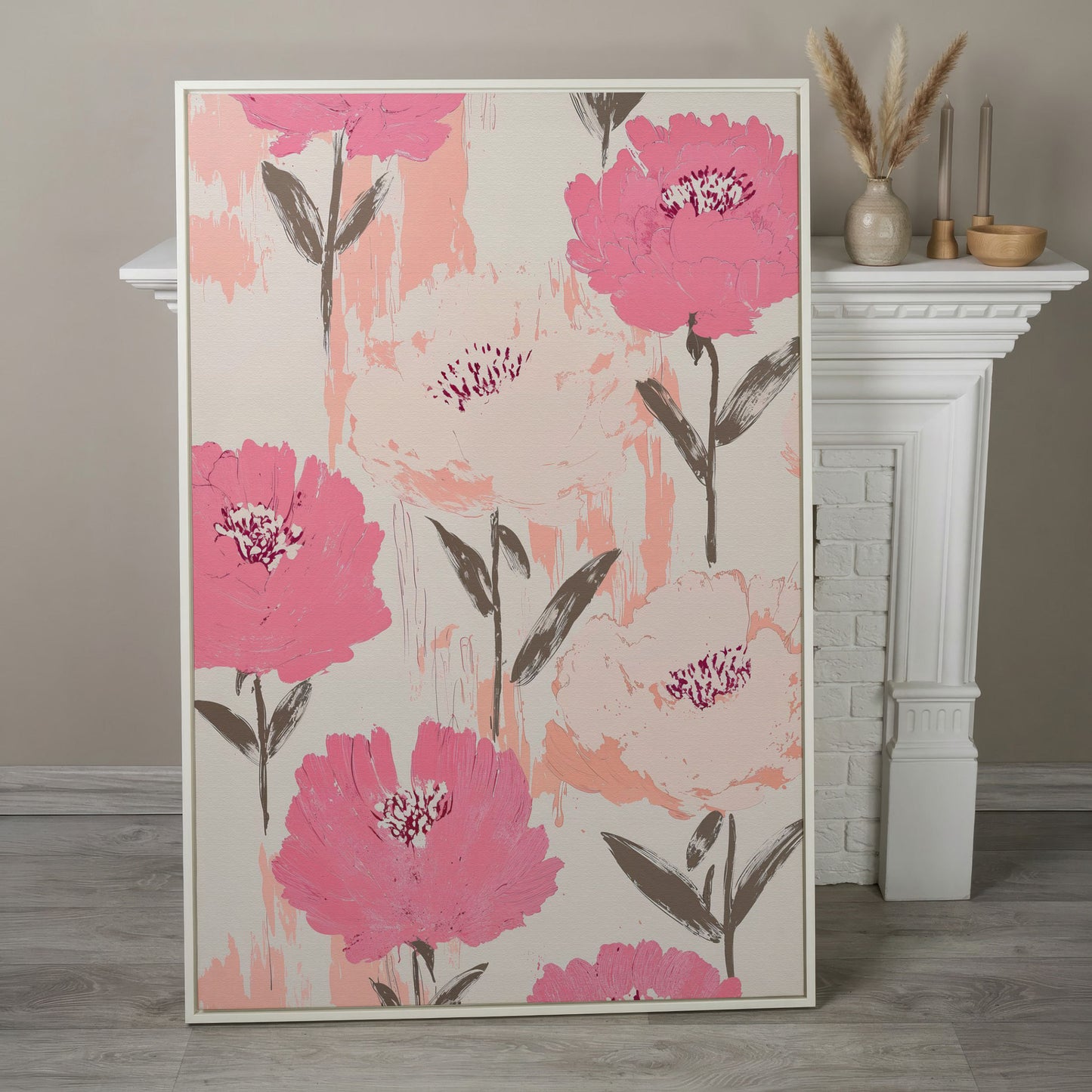 Dusty Pink Botanical Floral Canvas in white floating frame