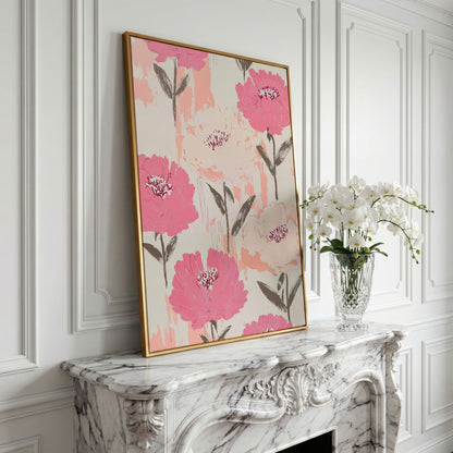 Dusty Pink Botanical Floral Canvas in yellow gold floating frame