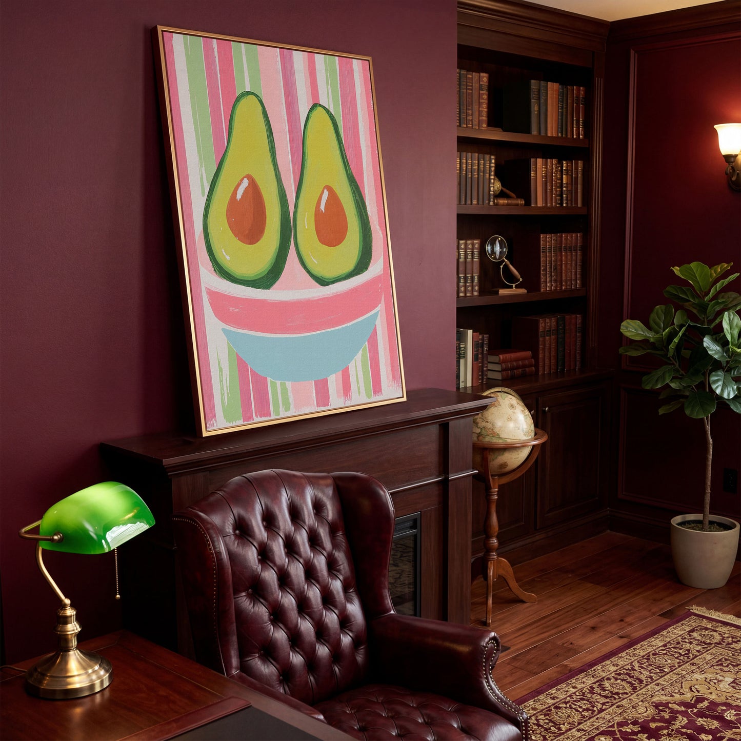 Avocado Abstract Canvas, Pink & Green in antique gold floating frame