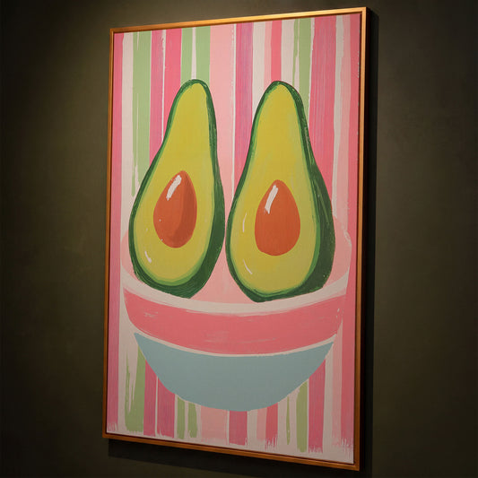 Avocado Abstract Canvas, Pink & Green shown in antique gold floating frame