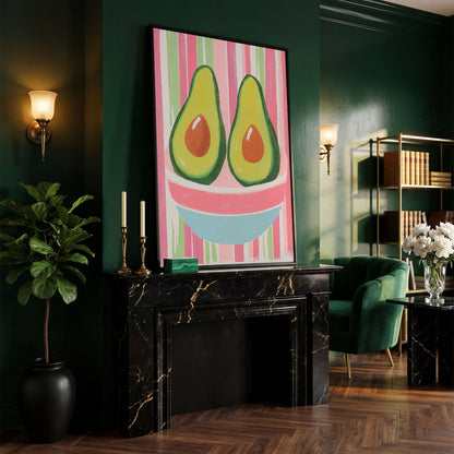 Avocado Abstract Canvas, Pink & Green in black floating frame