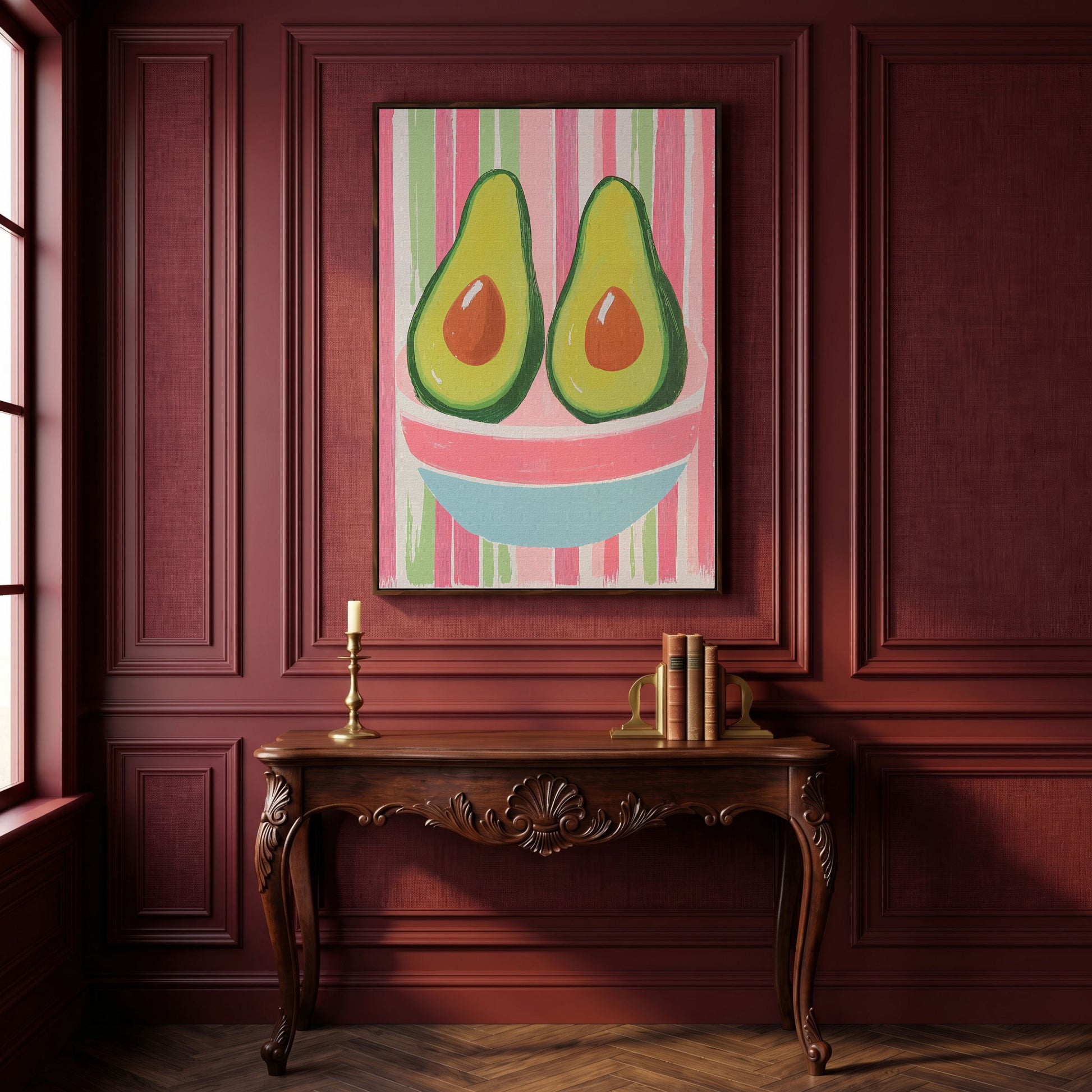 Avocado Abstract Canvas, Pink & Green in dark walnut floating frame