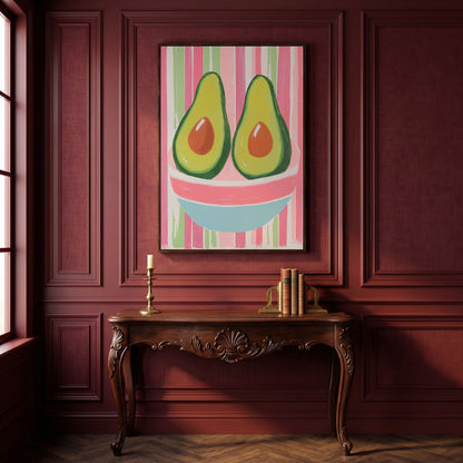 Avocado Abstract Canvas, Pink & Green in dark walnut floating frame
