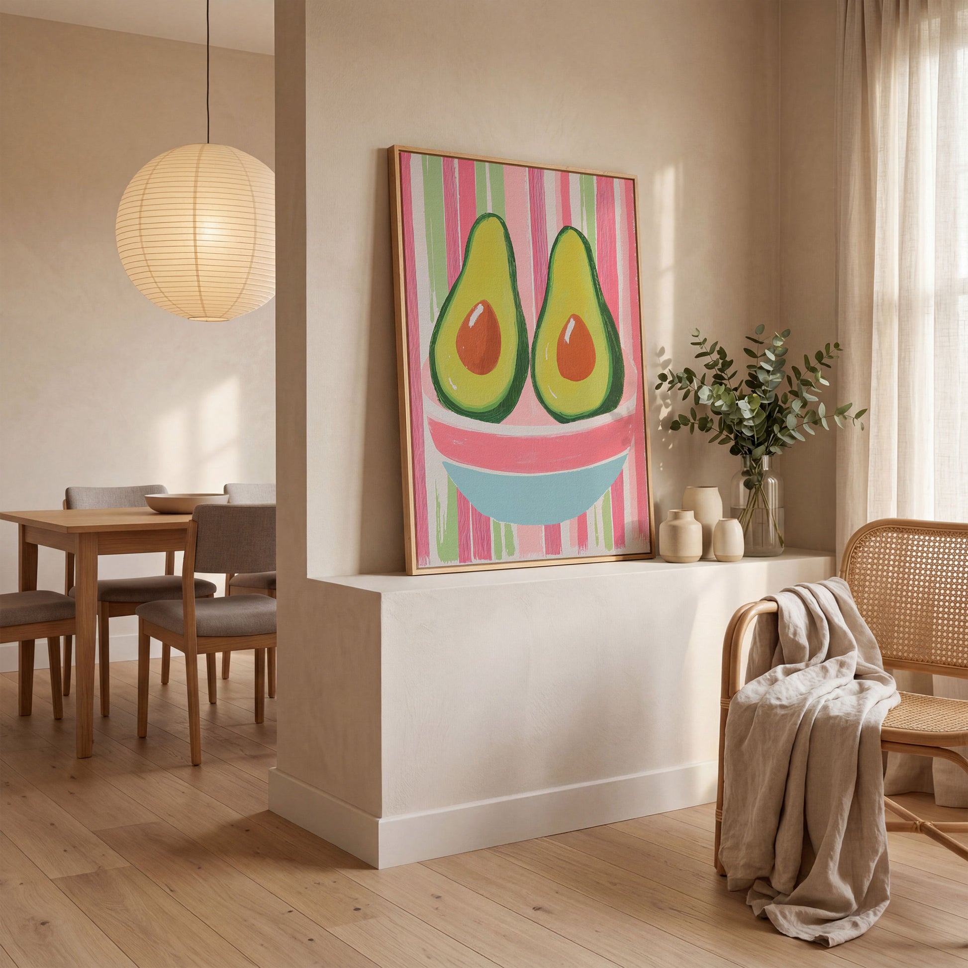 Avocado Abstract Canvas, Pink & Green in white oak floating frame