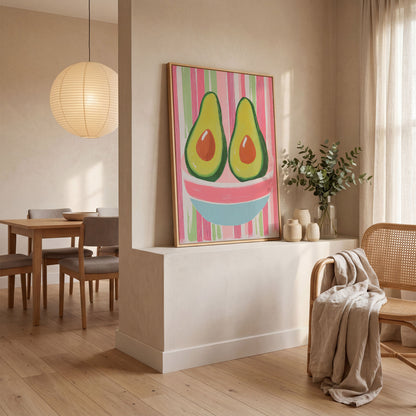 Avocado Abstract Canvas, Pink & Green in white oak floating frame