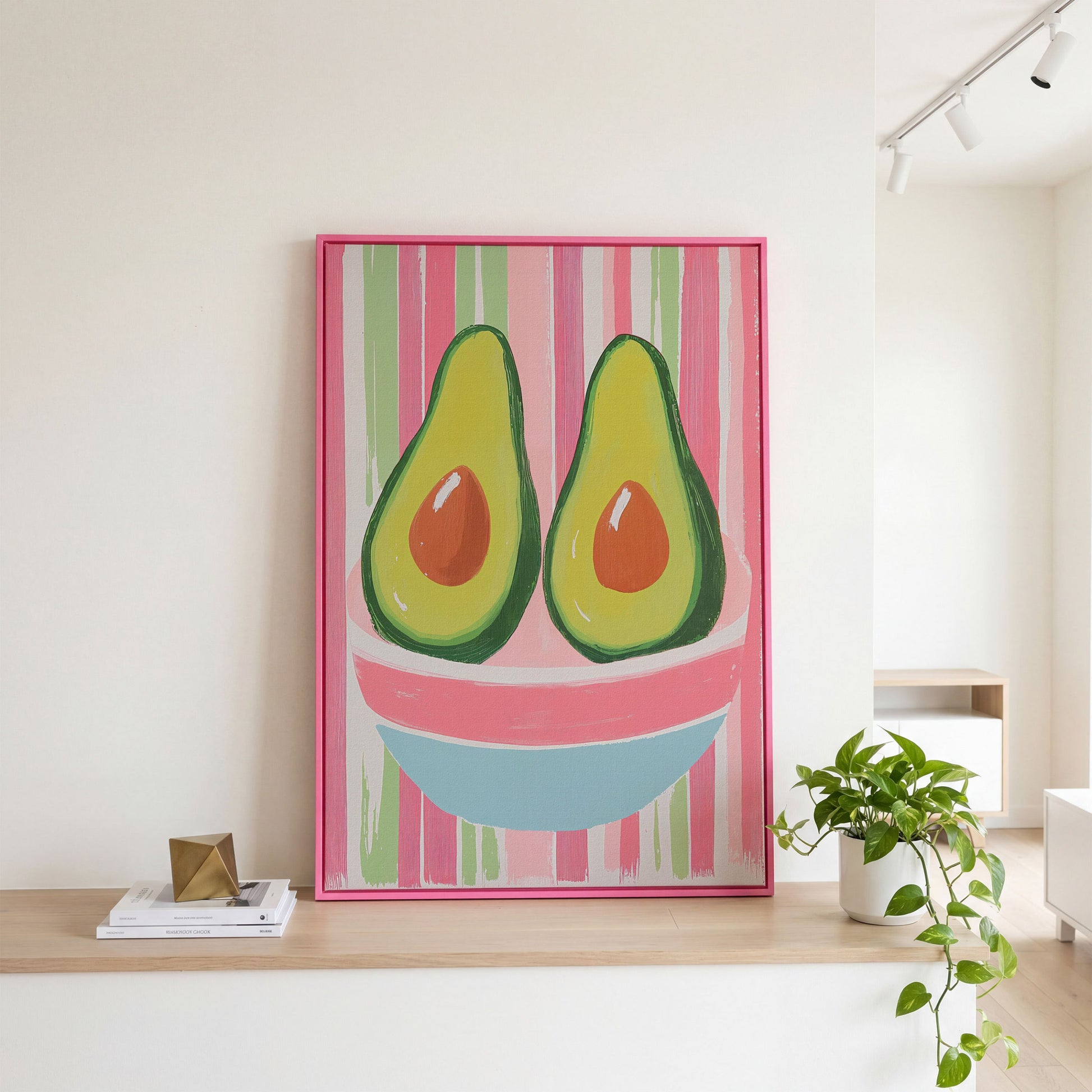 Avocado Abstract Canvas, Pink & Green in pink floating frame