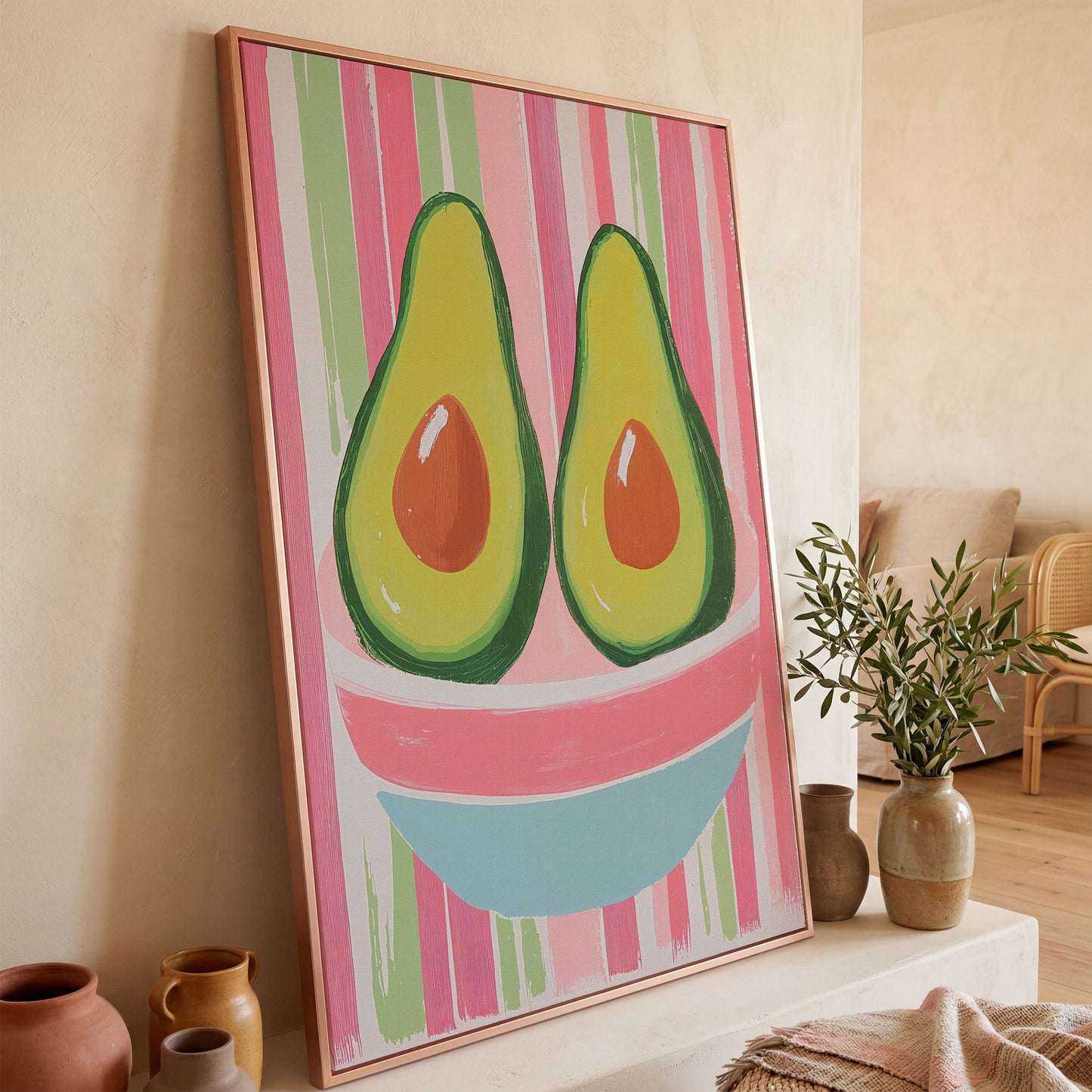Avocado Abstract Canvas, Pink & Green in rose gold floating frame