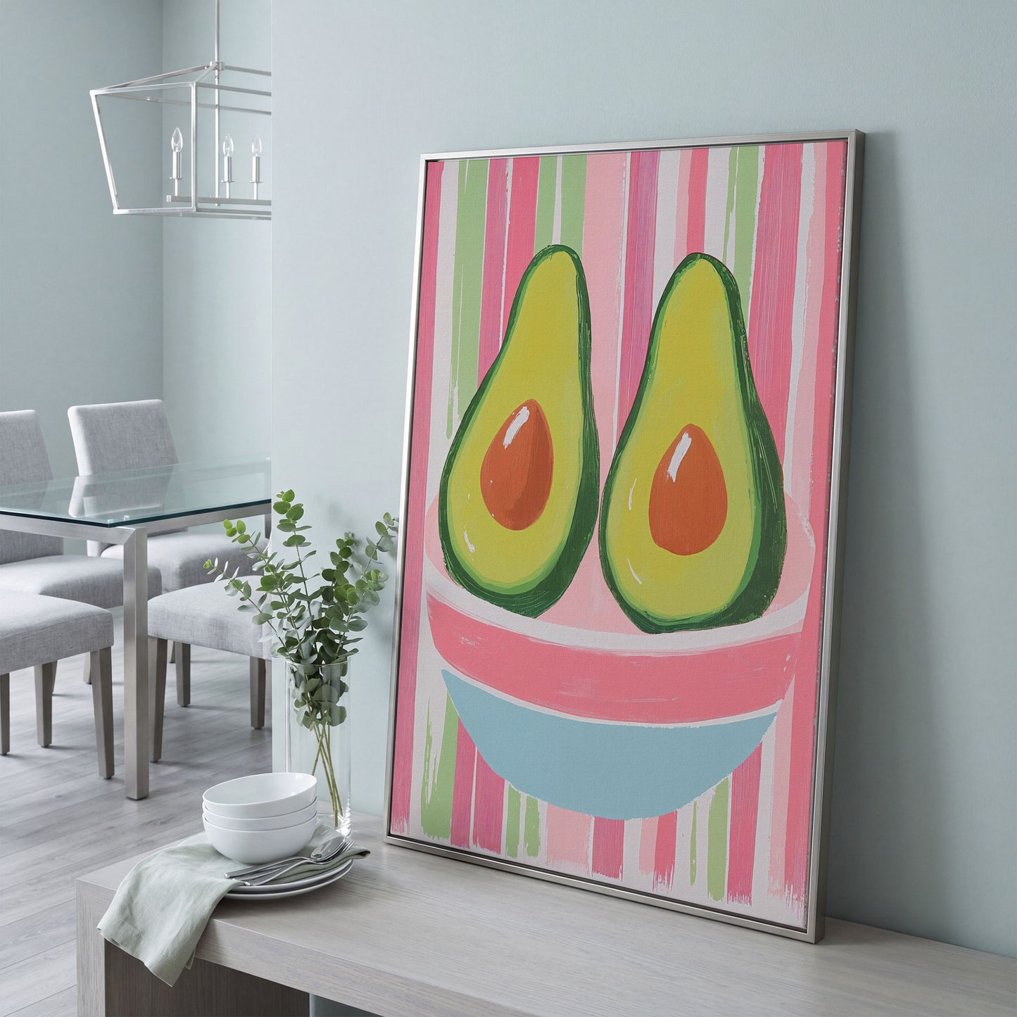 Avocado Abstract Canvas, Pink & Green in silver floating frame