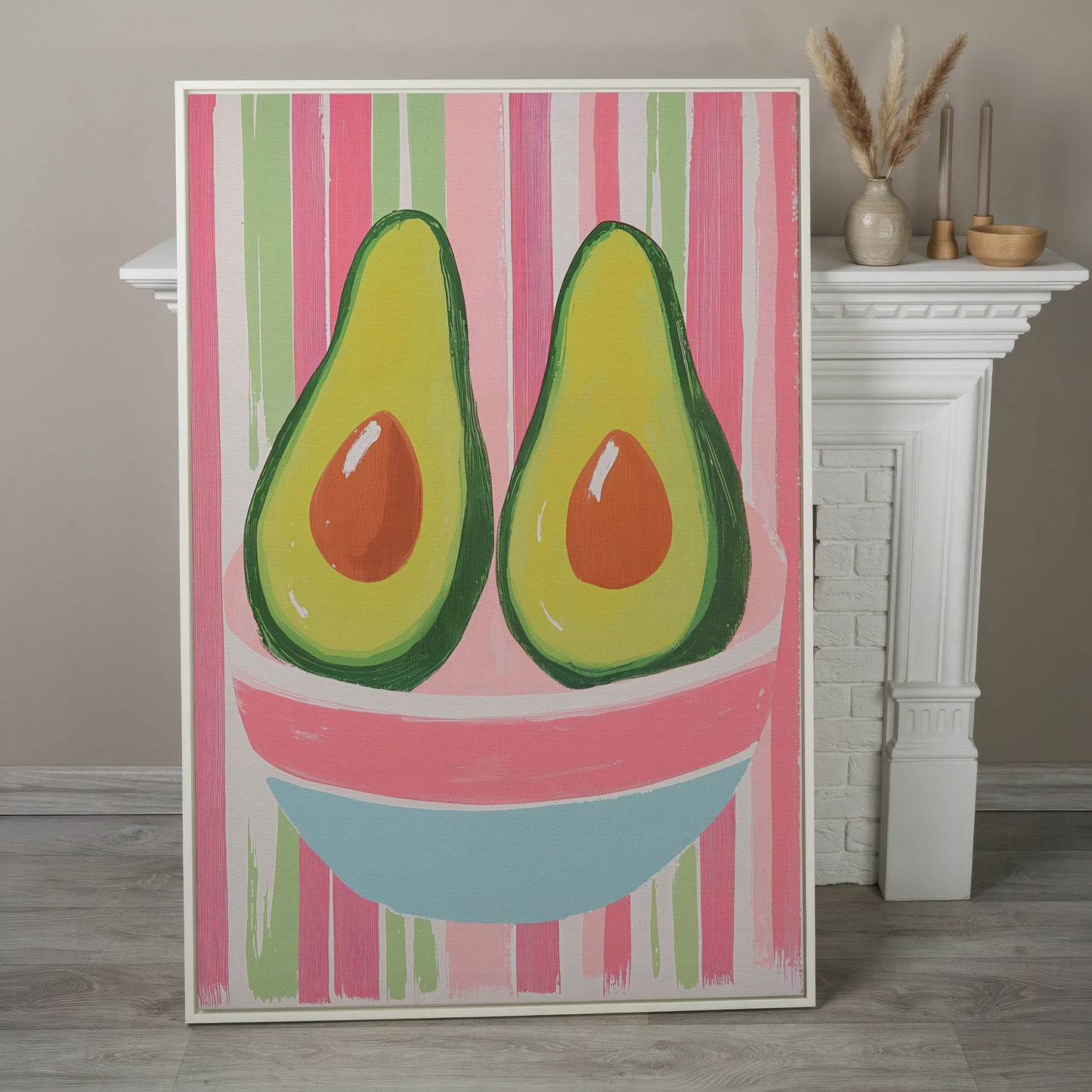 Avocado Abstract Canvas, Pink & Green in white floating frame