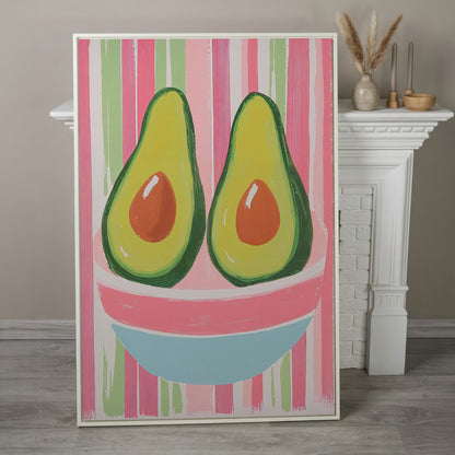 Avocado Abstract Canvas, Pink & Green in white floating frame