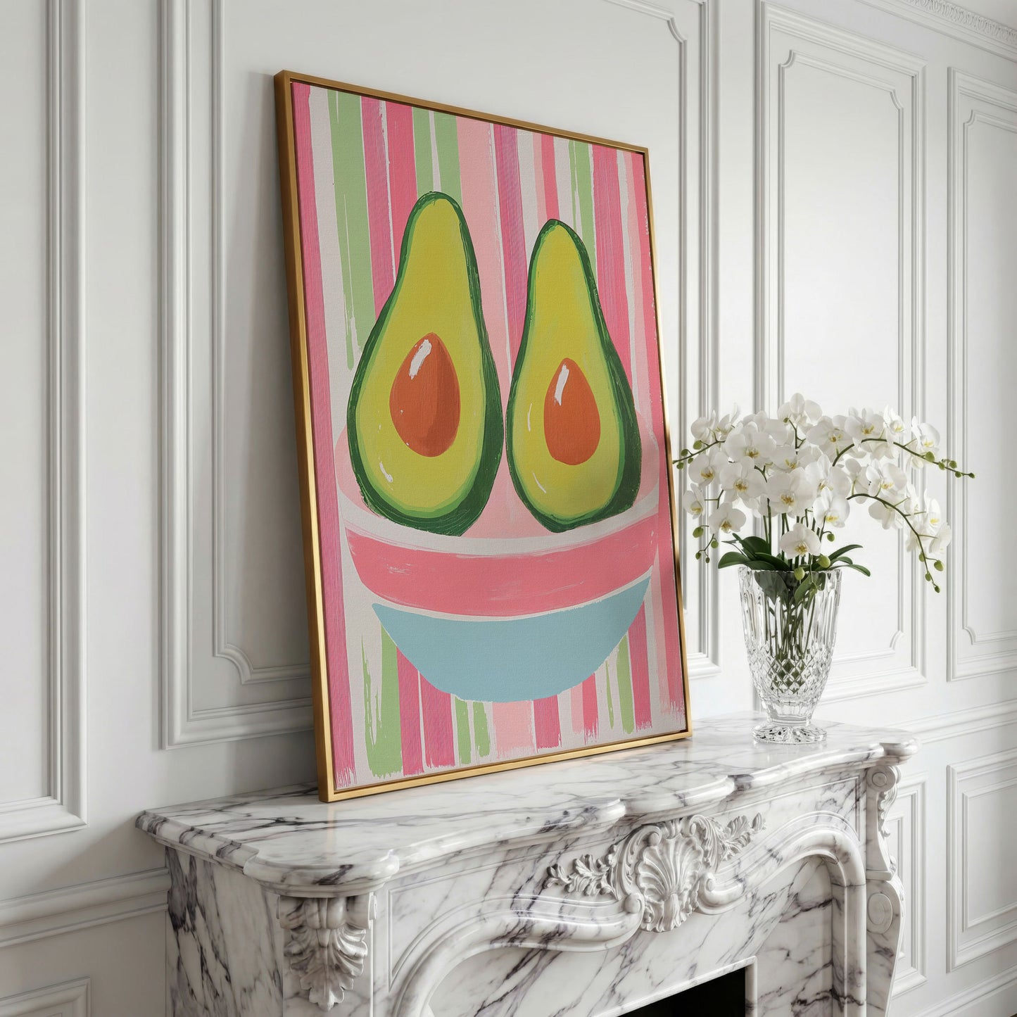 Avocado Abstract Canvas, Pink & Green in yellow gold floating frame