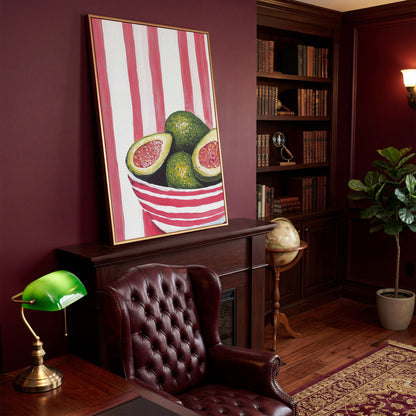 Avocado Still Life with Striped Bowl Canvas Print in antique gold floating frame