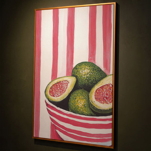 Avocado Still Life with Striped Bowl Canvas Print shown in antique gold floating frame