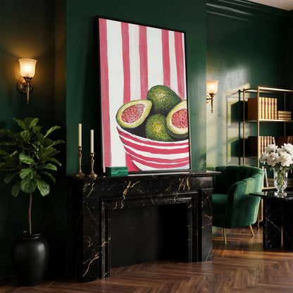 Avocado Still Life with Striped Bowl Canvas Print in black floating frame
