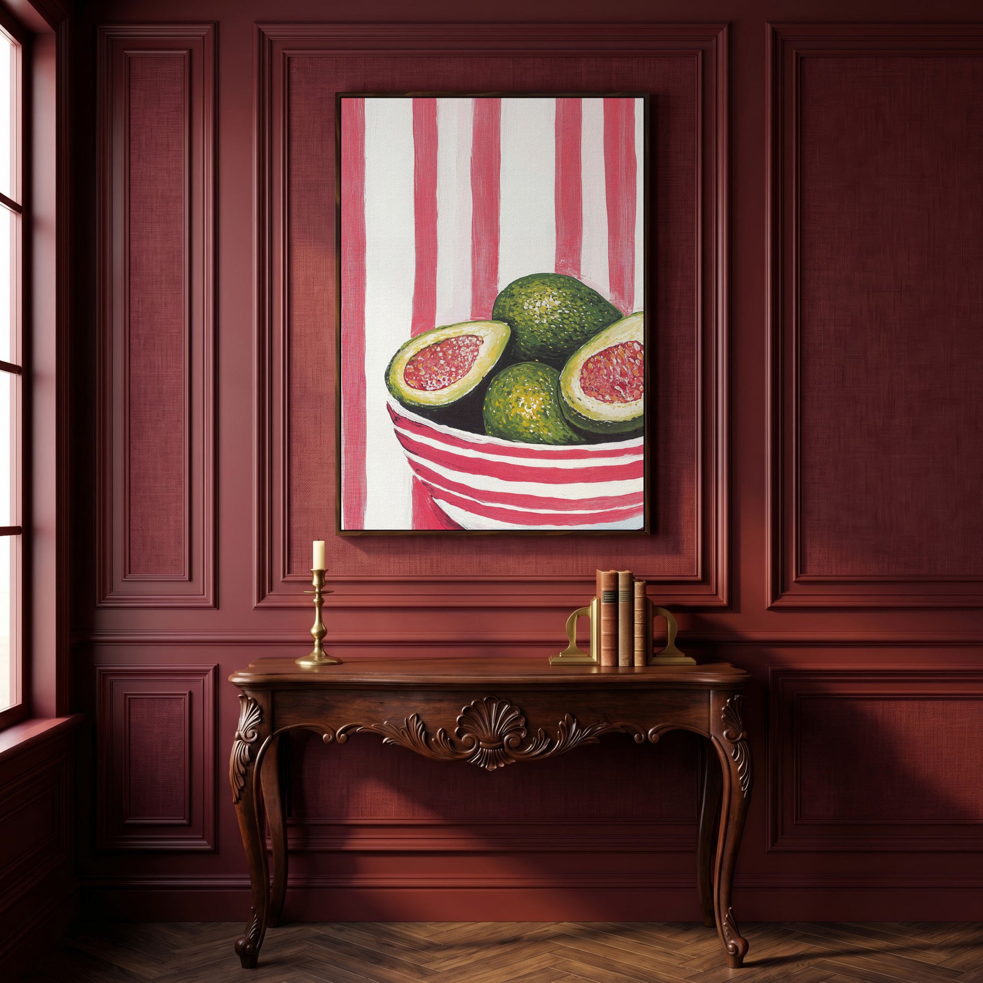 Avocado Still Life with Striped Bowl Canvas Print in dark walnut floating frame