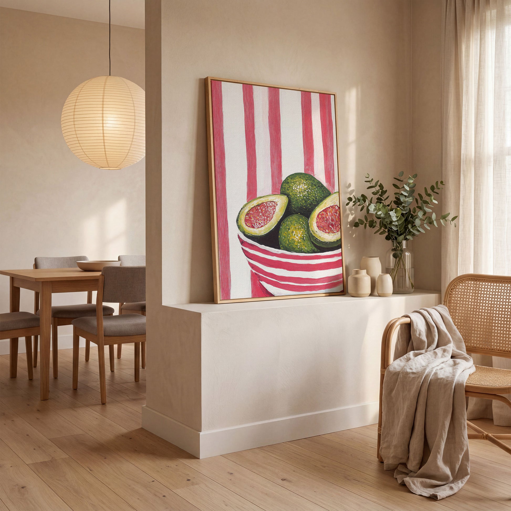 Avocado Still Life with Striped Bowl Canvas Print in white oak floating frame