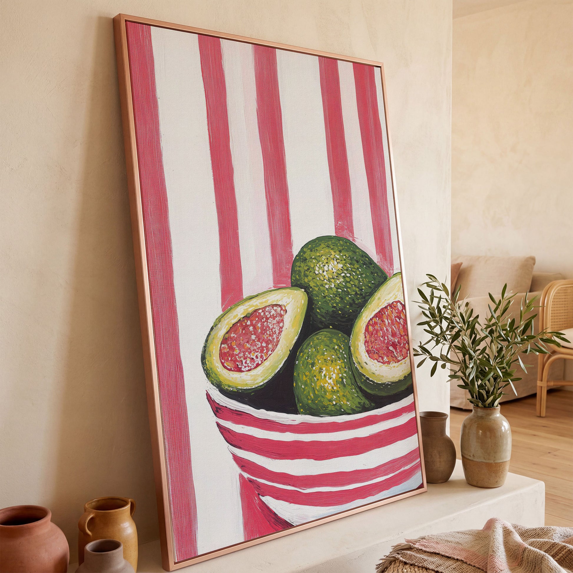 Avocado Still Life with Striped Bowl Canvas Print in rose gold floating frame