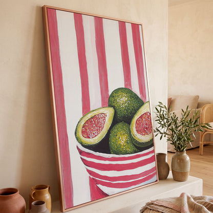 Avocado Still Life with Striped Bowl Canvas Print in rose gold floating frame