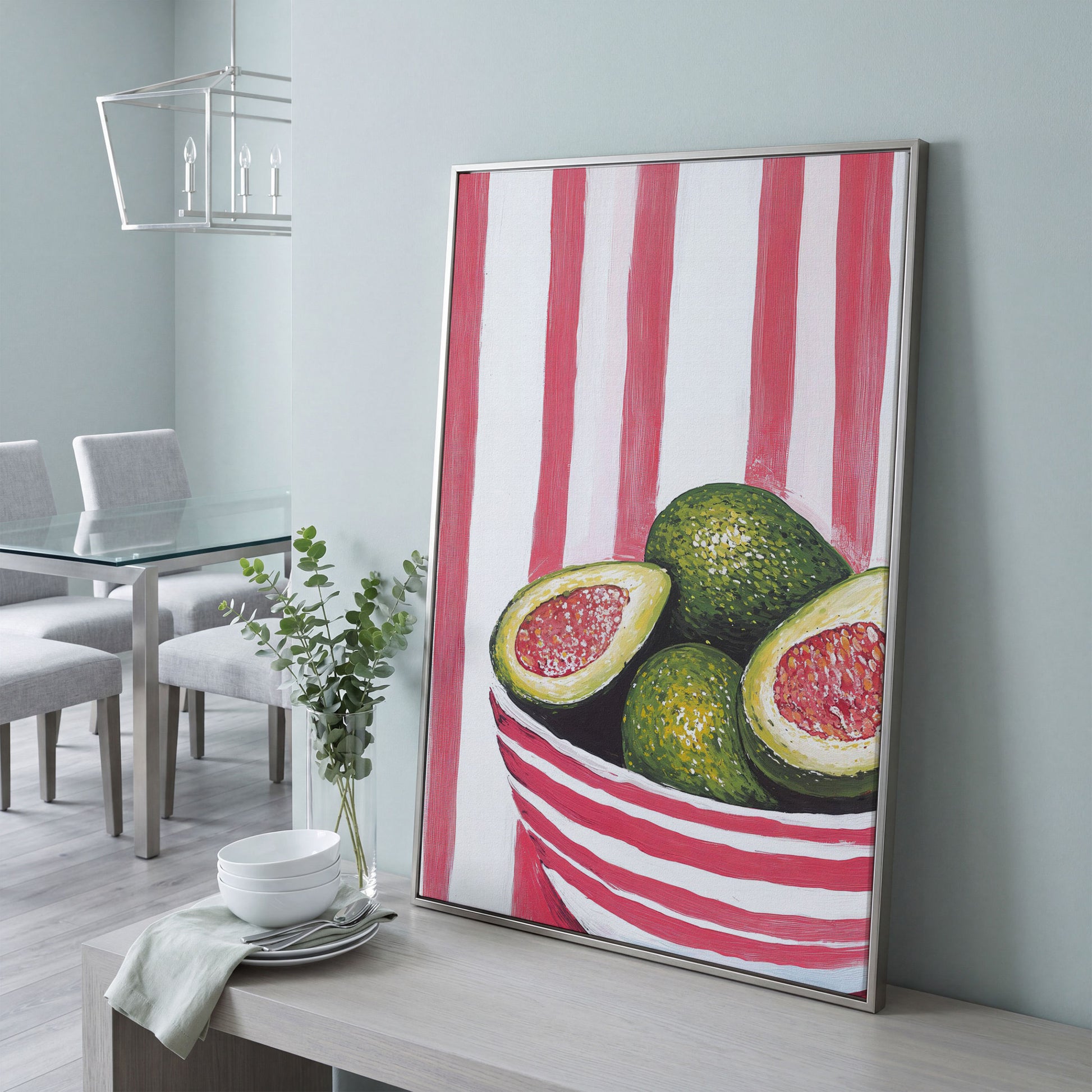 Avocado Still Life with Striped Bowl Canvas Print in silver floating frame
