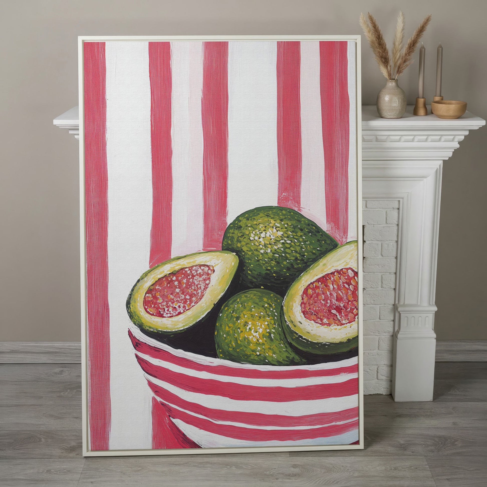 Avocado Still Life with Striped Bowl Canvas Print in white floating frame
