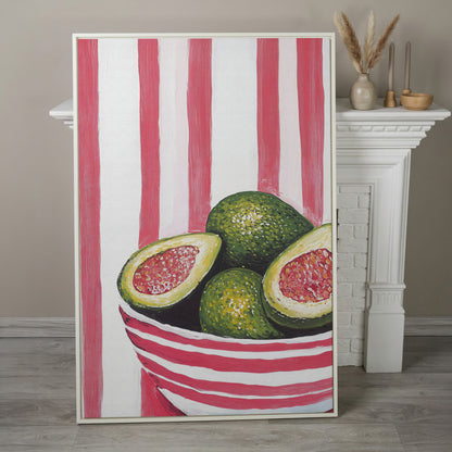 Avocado Still Life with Striped Bowl Canvas Print in white floating frame