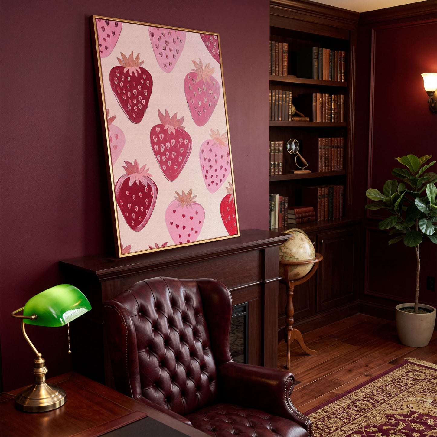 Pink Strawberry Pattern Canvas for Kitchen Walls in antique gold floating frame