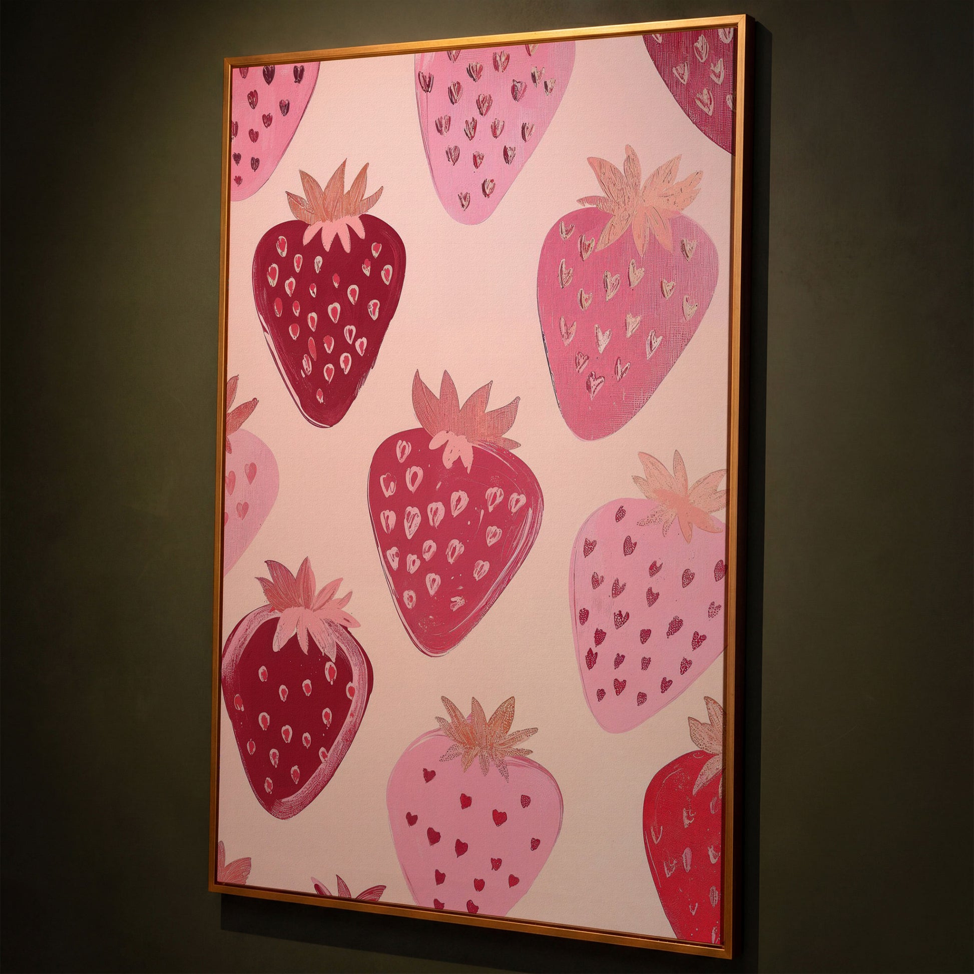 Pink Strawberry Pattern Canvas for Kitchen Walls shown in antique gold floating frame