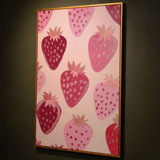 Pink Strawberry Pattern Canvas for Kitchen Walls shown in antique gold floating frame