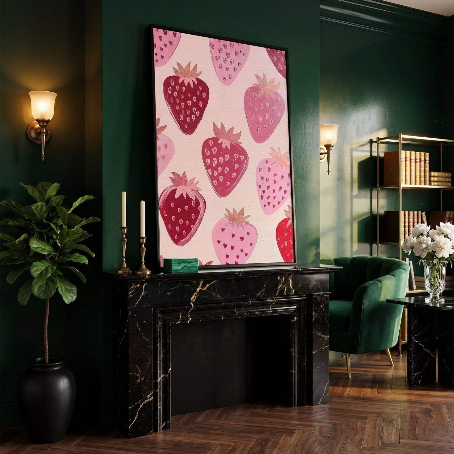 Pink Strawberry Pattern Canvas for Kitchen Walls in black floating frame