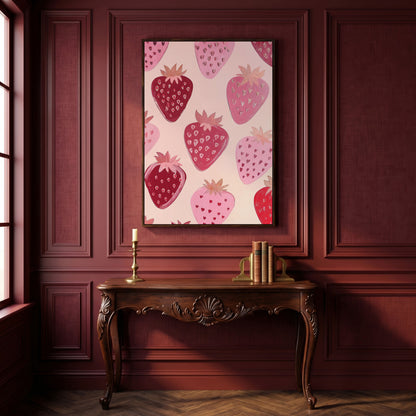 Pink Strawberry Pattern Canvas for Kitchen Walls in dark walnut floating frame