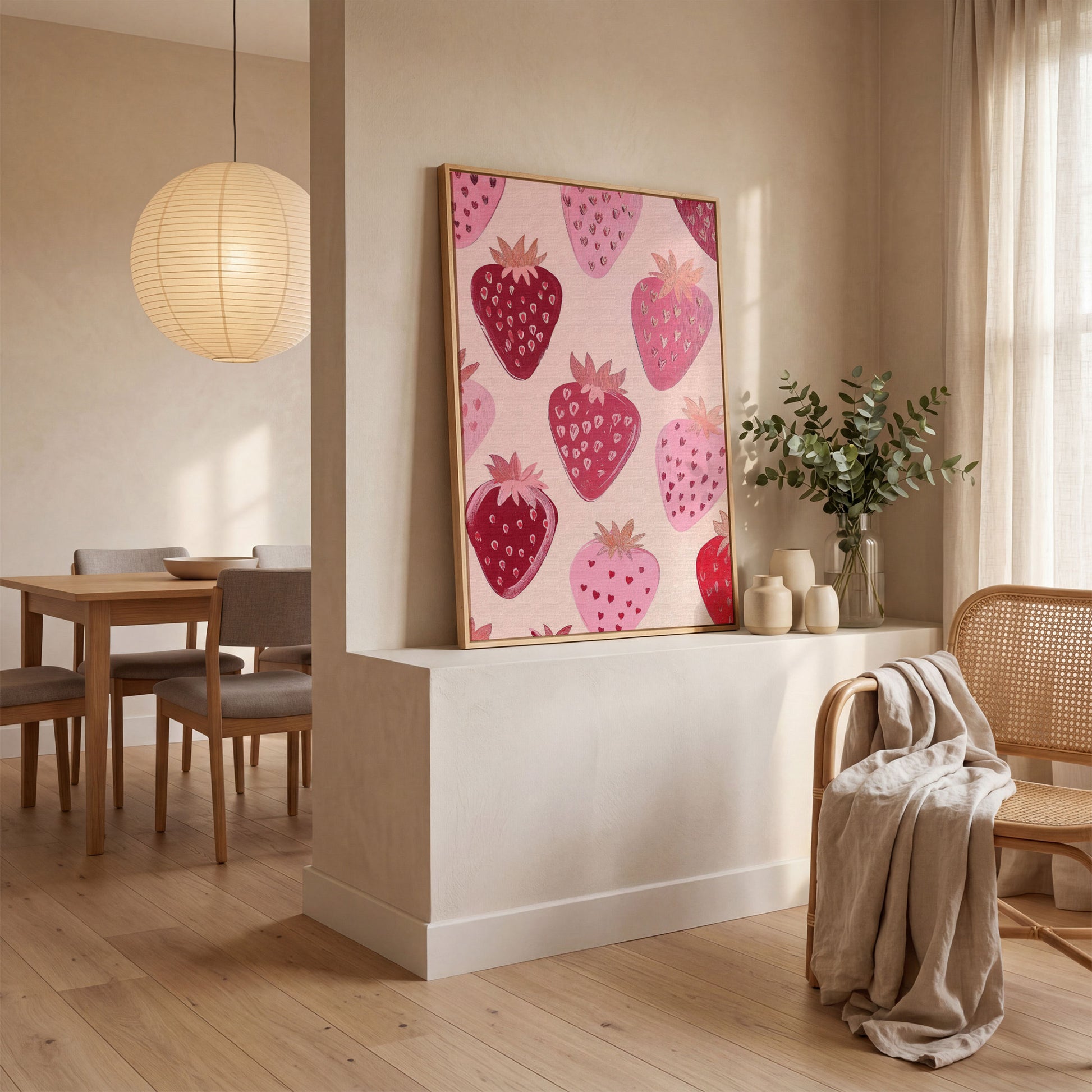 Pink Strawberry Pattern Canvas for Kitchen Walls in white oak floating frame